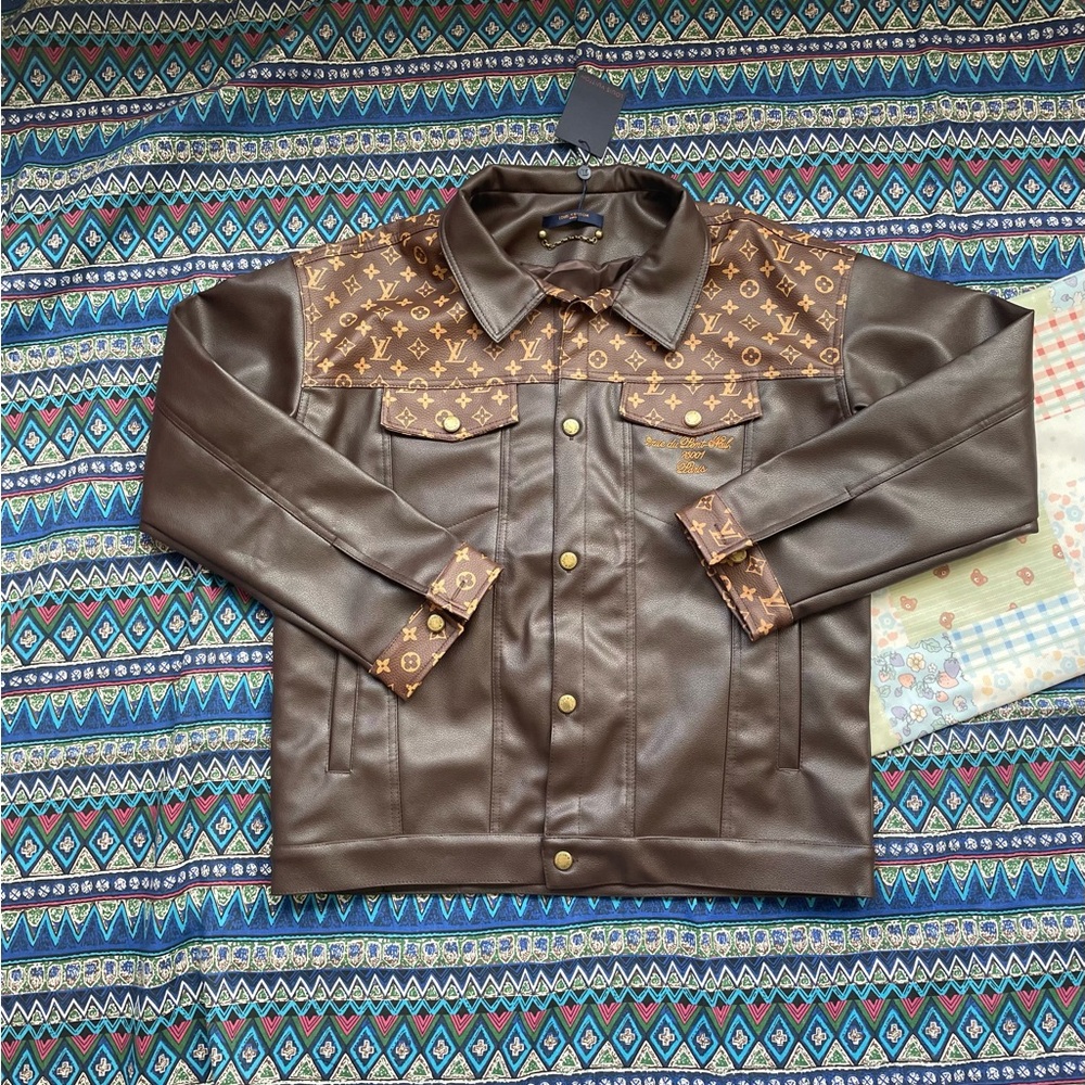 Louis Vuitton Brown Monogram Yoke Faux Leather Bomber Jacket